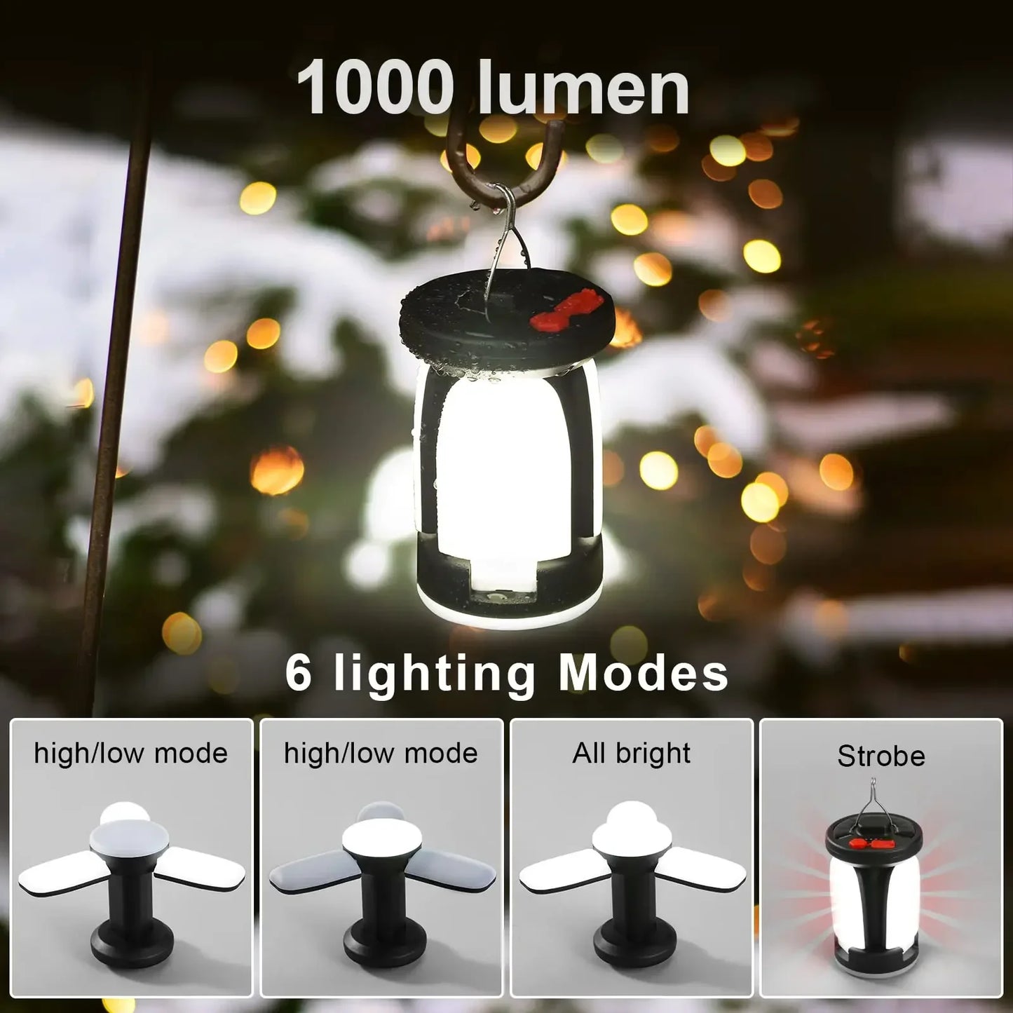 Linterna Solar LED de alta potencia para acampar, Banco de energía de emergencia plegable, recargable, 4500mAh, 1000LM, 6 modos de luz para acampar y pescar