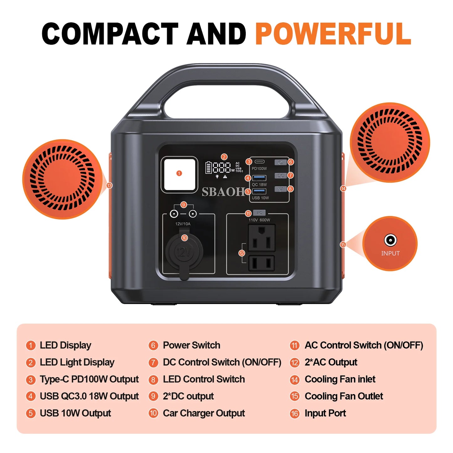 Estación de energía portátil para exteriores, 538,7Wh, 600W, con entrada de carga Solar, 100W PD USB-C, QC3.0, toma de corriente CA, Camping al aire libre