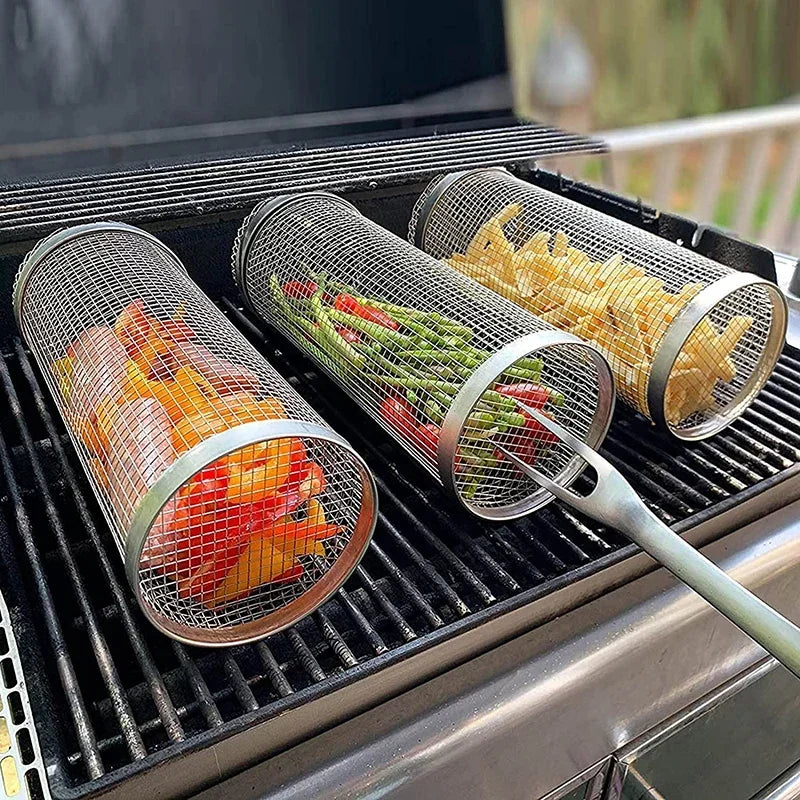 Cesta para parrilla de barbacoa, cesta rodante para asar, jaulas para barbacoa, parrilla cilÃndrica, cestas para asar para acampar al aire libre