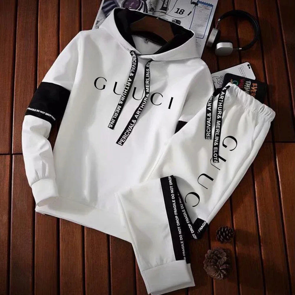 Chándal para hombre, Sudadera con capucha cálida + Pantalones de chándal, conjuntos de 2 uds., Top o pantalones blancos y negros de alta calidad para invierno, ropa informal para correr