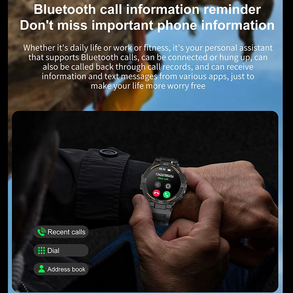 Reloj inteligente militar para hombre, dispositivo con pantalla HD de 360x360, linterna, control de la salud, resistente al agua, control del ritmo cardÃaco, llamadas BT, para Android e IOS