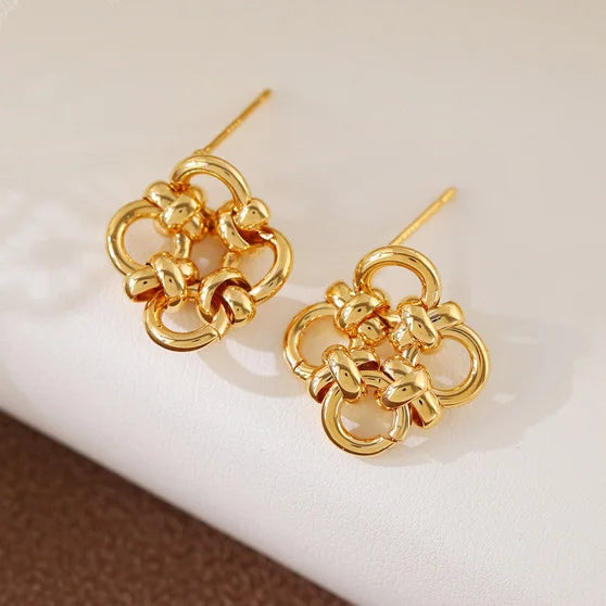 Plata de Ley 925 auténtica pendiente de trébol con nudo hueco de oro de 18K para mujer, joyería fina minimalista, accesorio de planta de moda