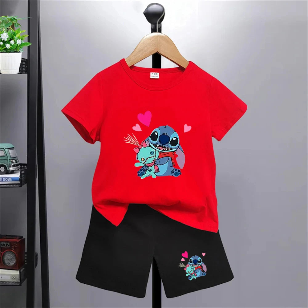Camiseta de punto de Disney con dibujos animados de verano para niñas, camisetas rojas y rosas para niños, ropa superior, camisetas de moda para niños, conjunto de pantalones cortos para niños de 3 a 12 años