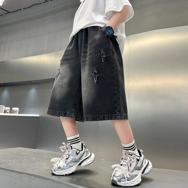 Boy Star Jeans 2025 Verano Nuevo Producto Moda Niños Denim Pantalones medios Pantalones cortos casuales para niños 5-15 años