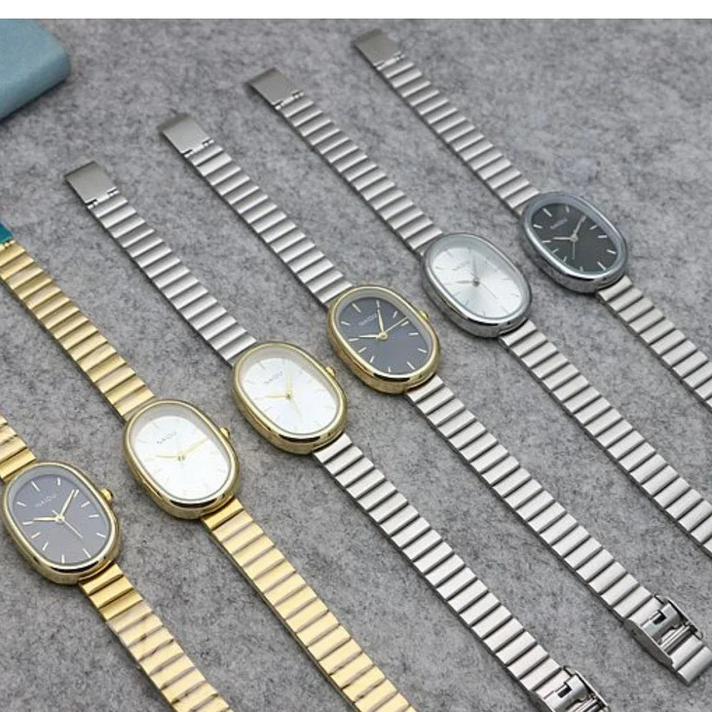 Reloj de cuarzo ovalado con esfera pequeña para mujer, correa de bambú de acero inoxidable, reloj de pulsera de regalo de lujo a la moda para estudiantes y niñas, envío directo