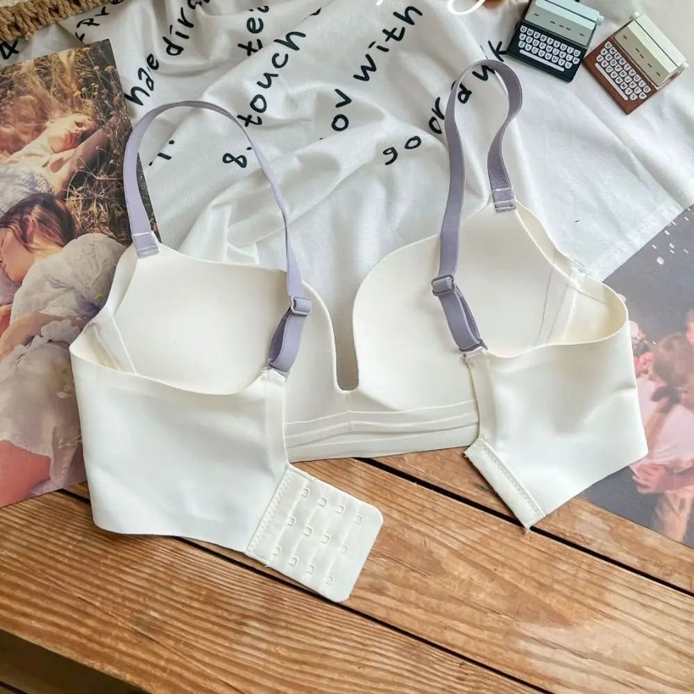 Sujetador ajustado inalámbrico con escote en V profundo, sujetador sin costuras a prueba de golpes para mujer, lencería antiflacidez, ropa interior push-up para niñas