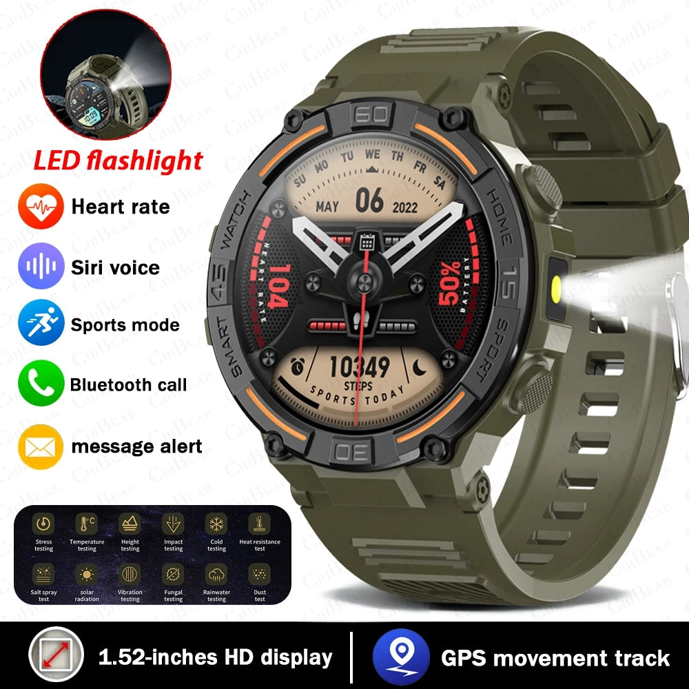 Reloj inteligente militar para hombre, dispositivo con pantalla HD de 360x360, linterna, control de la salud, resistente al agua, control del ritmo cardÃaco, llamadas BT, para Android e IOS