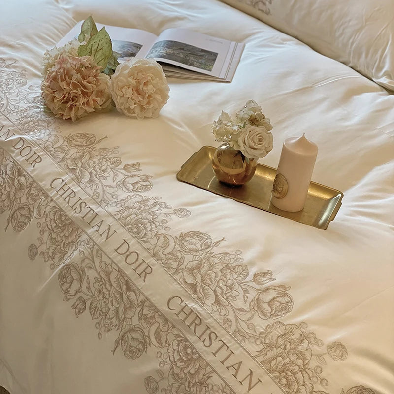 Juego de cama de algodón de grapa larga de 100 unidades, funda nórdica bordada con patrones de flores y plantas, Sábana bajera tamaño Queen TwinFull