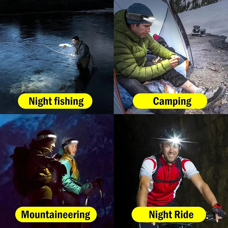 Nueva linterna frontal con Sensor LED recargable por USB, linterna XPE + COB para acampar, linterna impermeable para pesca, paquete de 3/2/1