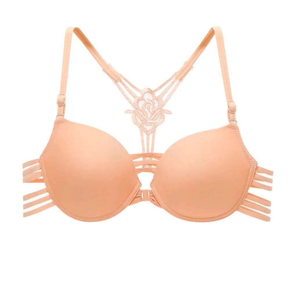 Sujetador de encaje con botón frontal a la moda para mujer, 3/4 tazas, parte de atrás bonita, sujetador sin costuras, ropa interior íntima, sujetador inalámbrico con escote en V profundo para playa