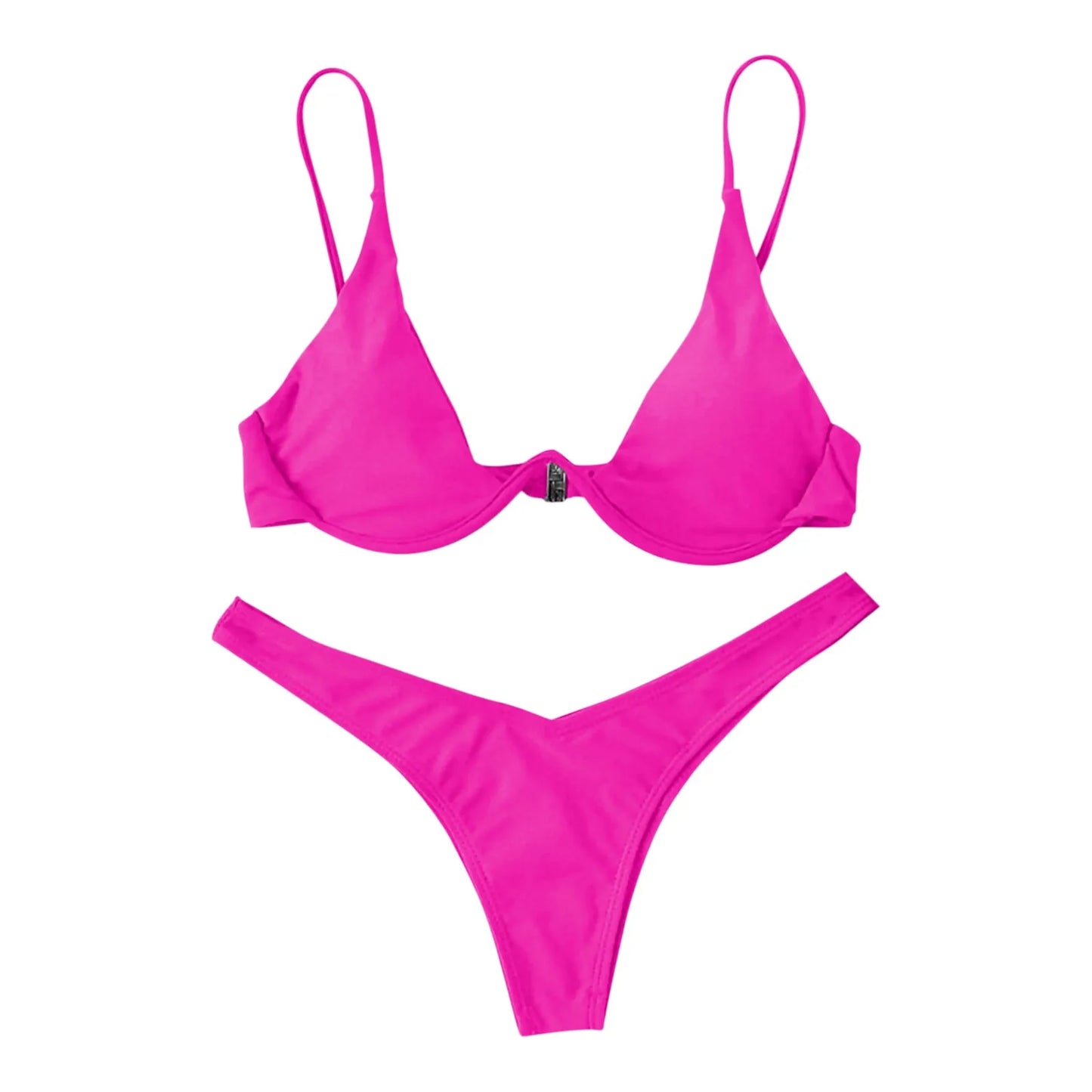 Bikini Sexy con aros para Mujer, traje de baño rojo liso con sujetador de realce, Tanga, traje de baño con cuello Halter y cuello de pico, Mini microtanga 2024