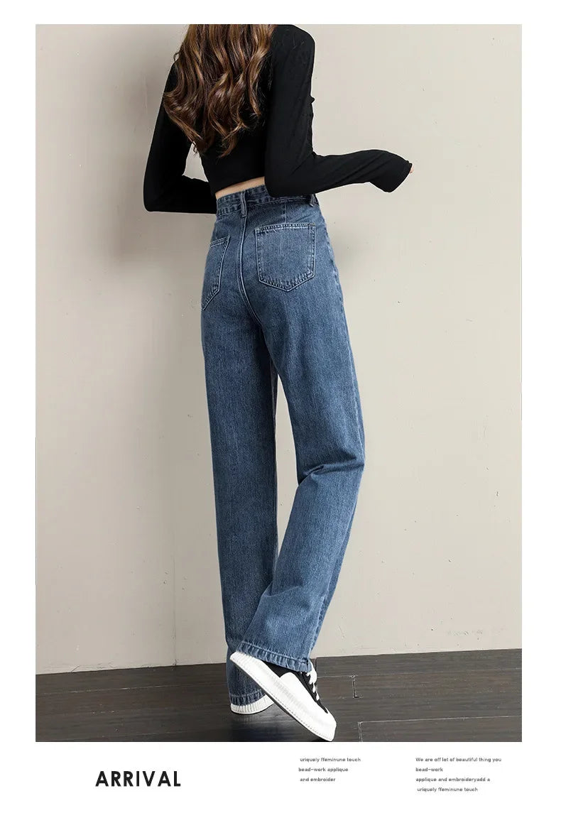 Pantalones vaqueros sueltos para mujer, diseño de cintura alta, entrepierna recta ajustable, pantalones de estilo Retro, tela de algodón, estilo informal cómodo