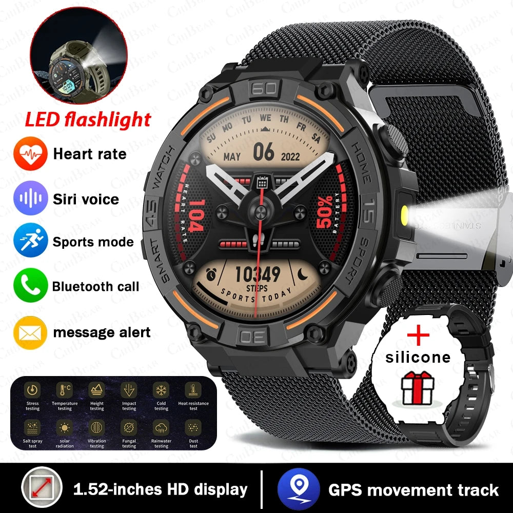 Reloj inteligente militar para hombre, dispositivo con pantalla HD de 360x360, linterna, control de la salud, resistente al agua, control del ritmo cardÃaco, llamadas BT, para Android e IOS