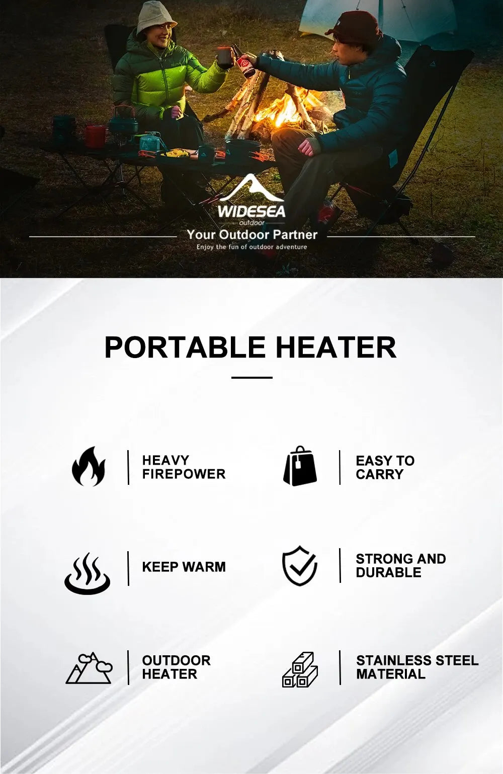 Calentador de Camping Widesea, chimenea portátil de acero inoxidable para invierno, estufa al aire libre, quemador de Gas para senderismo, equipo de supervivencia de calefacción