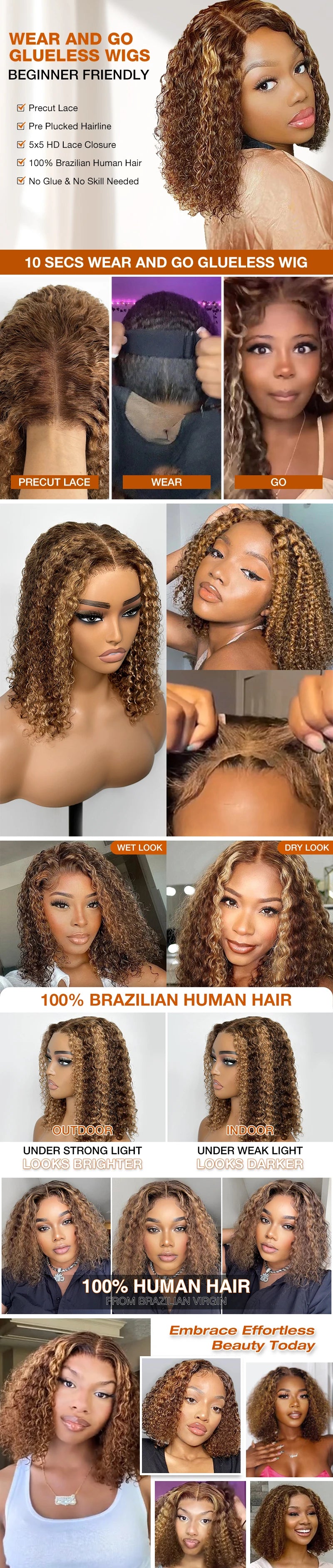 Pelucas Bob sin pegamento de color rubio miel de onda profunda, cabello humano prearrancado, precortado, desgaste y Go, pelucas rizadas, peluca con malla frontal HD ombré