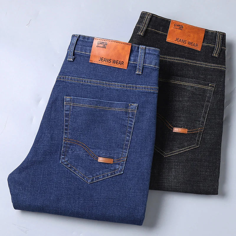 Nuevos pantalones ligeros de lujo elásticos ajustados para hombre, cómodos y suaves pantalones vaqueros informales rectos a la moda de negocios, ropa de marca masculina
