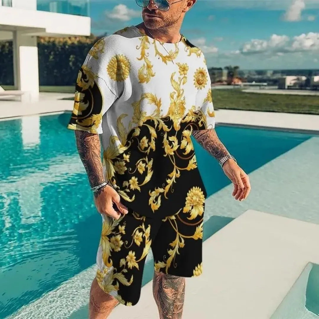 NOVEDAD DE VERANO 2021, ropa deportiva de lujo con diseño dorado para hombre, conjunto de camiseta de manga corta con estampado 3D, camiseta informal de moda para hombre, dos Pi