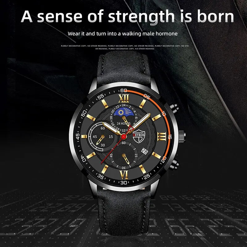 Conjunto de 2 piezas de relojes deportivos de moda para hombre, pulsera de cuero de negocios, reloj de cuarzo informal para hombre, reloj luminoso de lujo para hombre