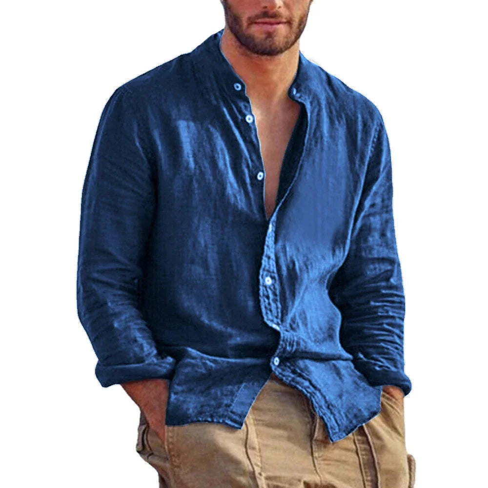 Ropa de chándal para hombre, camisa de manga larga, camisas de lino de Color sólido, Tops informales ligeros y transpirables con cuello levantado, camisa hawaiana