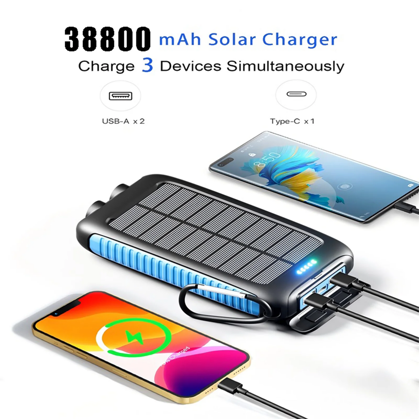 Cargador portátil tipo banco de energÃa Solar de 38800mAh con USB Dual, carga rápida, resistente al agua, LED para teléfonos y tabletas para acampar al aire libre