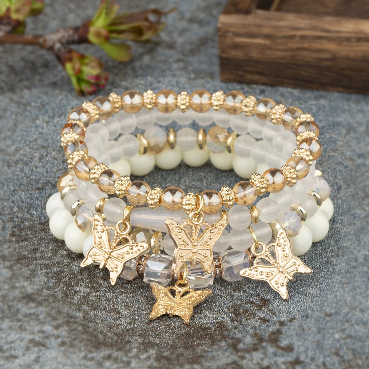 Conjunto de pulsera con cuentas de mariposa para mujer, brazalete de cadena elástica con cuentas acrÃlicas rosas, regalo de joyas de fiesta bohemia, 4 Uds.
