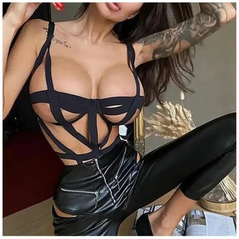 Body negro ahuecado, lencerÃa transparente, vendaje cruzado gótico, conjunto de lencerÃa Sexy, club nocturno, atractivo, seducción, mono erótico