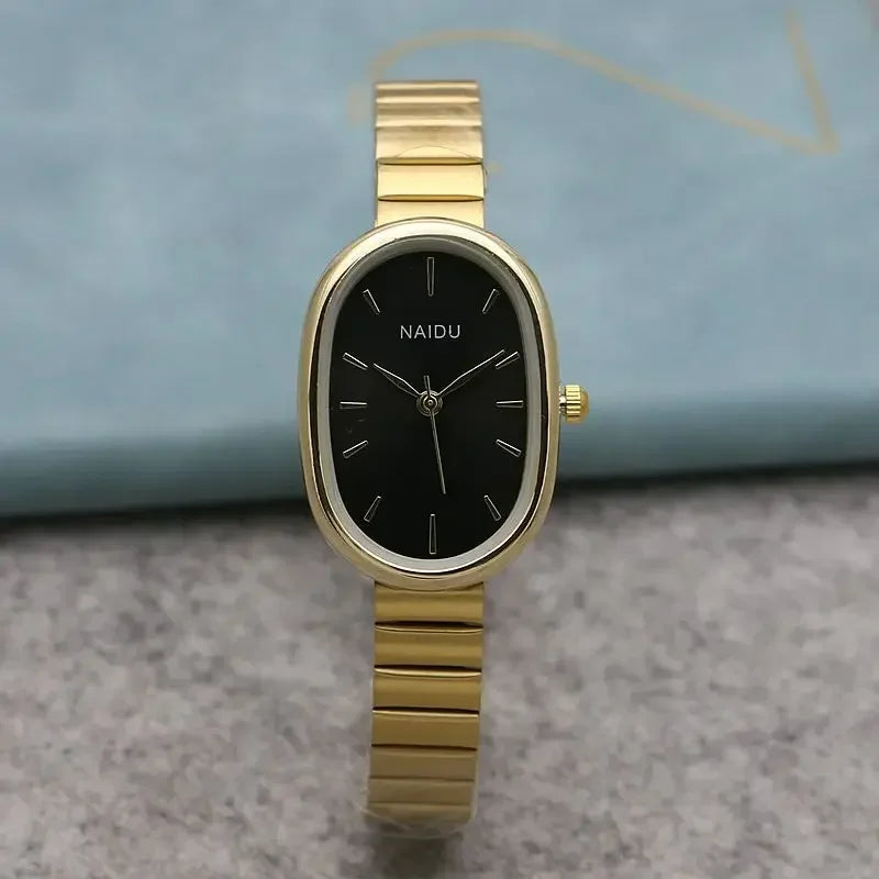 Reloj de cuarzo ovalado con esfera pequeña para mujer, correa de bambú de acero inoxidable, reloj de pulsera de regalo de lujo a la moda para estudiantes y niñas, envío directo