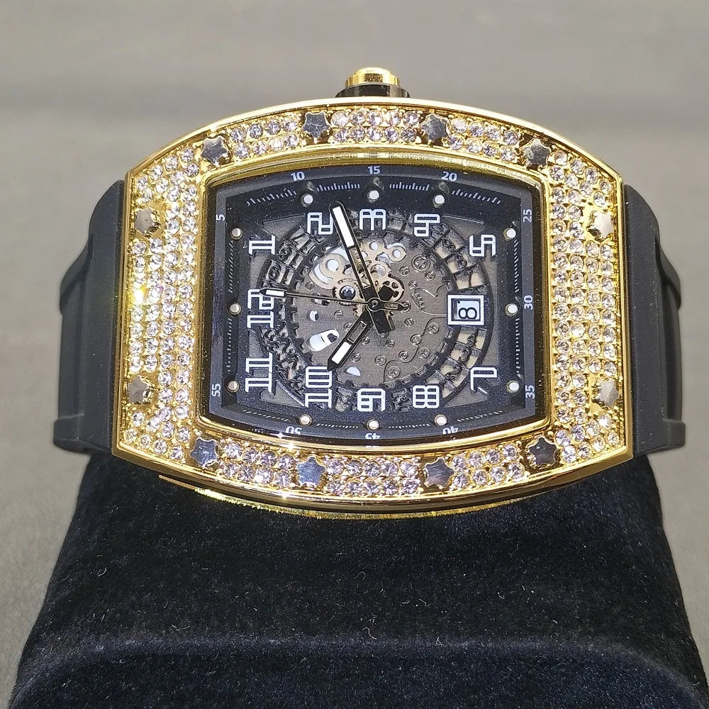 MISSFOX, nuevos relojes de pulsera para hombre, correa de goma Tonneau, reloj de cuarzo resistente al agua para hombre, relojes huecos de oro clásicos únicos para hombre, regalos