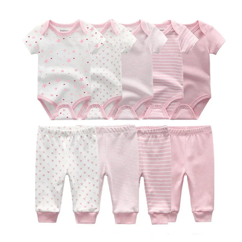 9 unids/lote monos Unisex para recién nacidos + pantalones conjuntos de ropa de algodón de dibujos animados ropa para bebé (niño o niña)