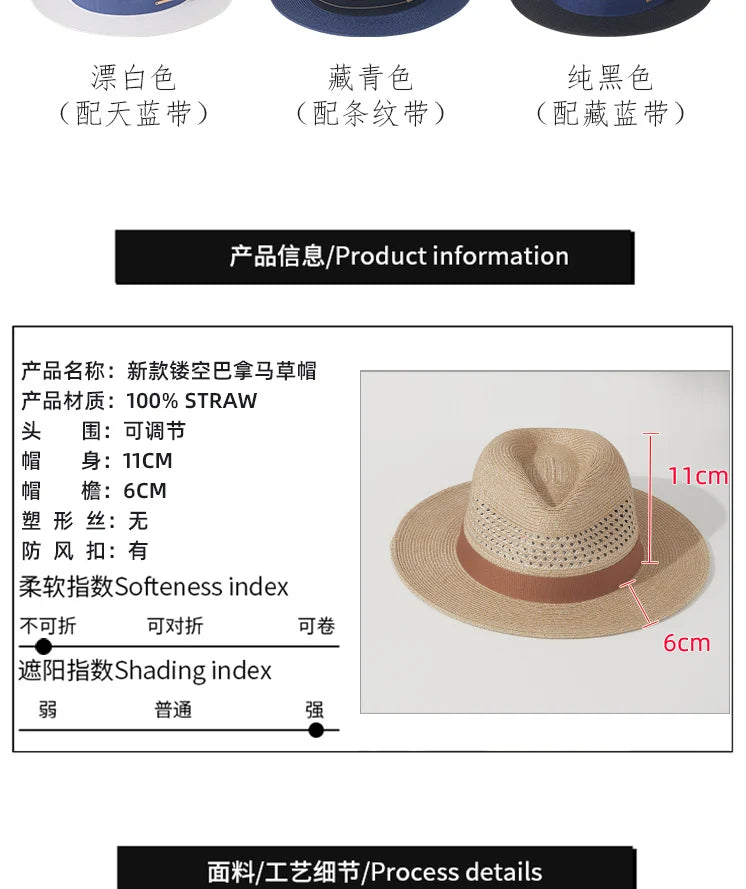 Sombrero de paja de Jazz Panamá de talla grande de 60cm para hombre y mujer, sombrero de sol con agujero para protección solar para exteriores, sombrero de playa de ala ancha para verano para hombre