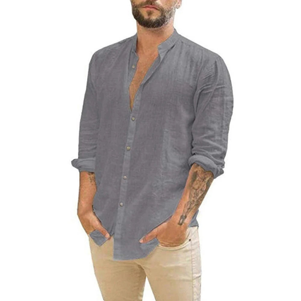 Camisas de manga larga para hombre, gran oferta de lino y algodón, Color sólido, cuello levantado, estilo informal de playa de talla grande, verano