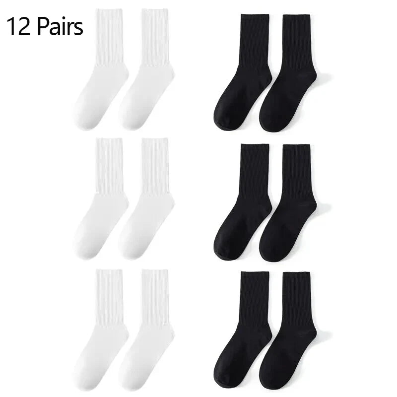 6/12 pares de calcetines de tubo medio para hombre Color sólido en blanco y negro ropa de calle Harajuku moda calcetines transpirables e informales