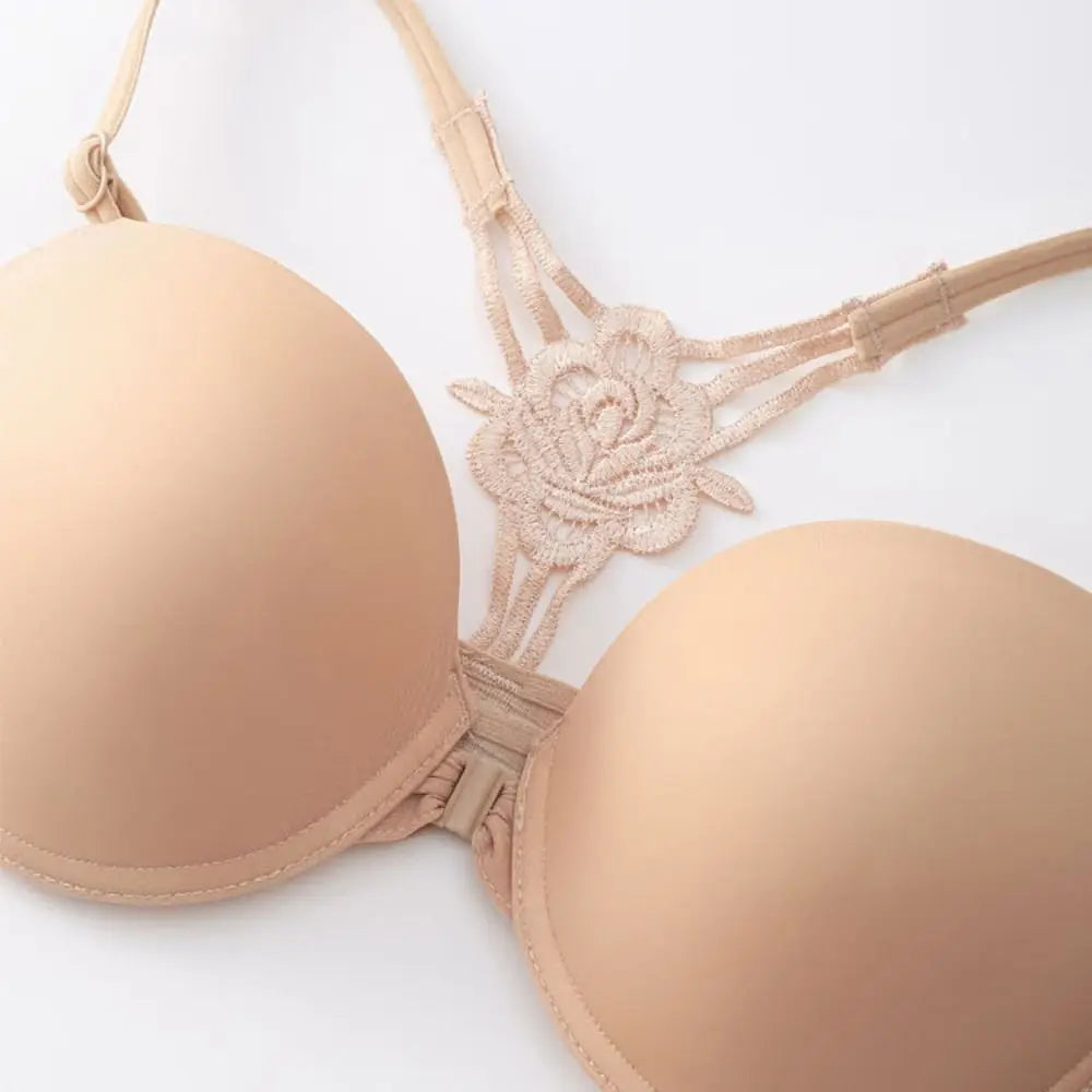 Sujetador de encaje con botón frontal a la moda para mujer, 3/4 tazas, parte de atrás bonita, sujetador sin costuras, ropa interior íntima, sujetador inalámbrico con escote en V profundo para playa