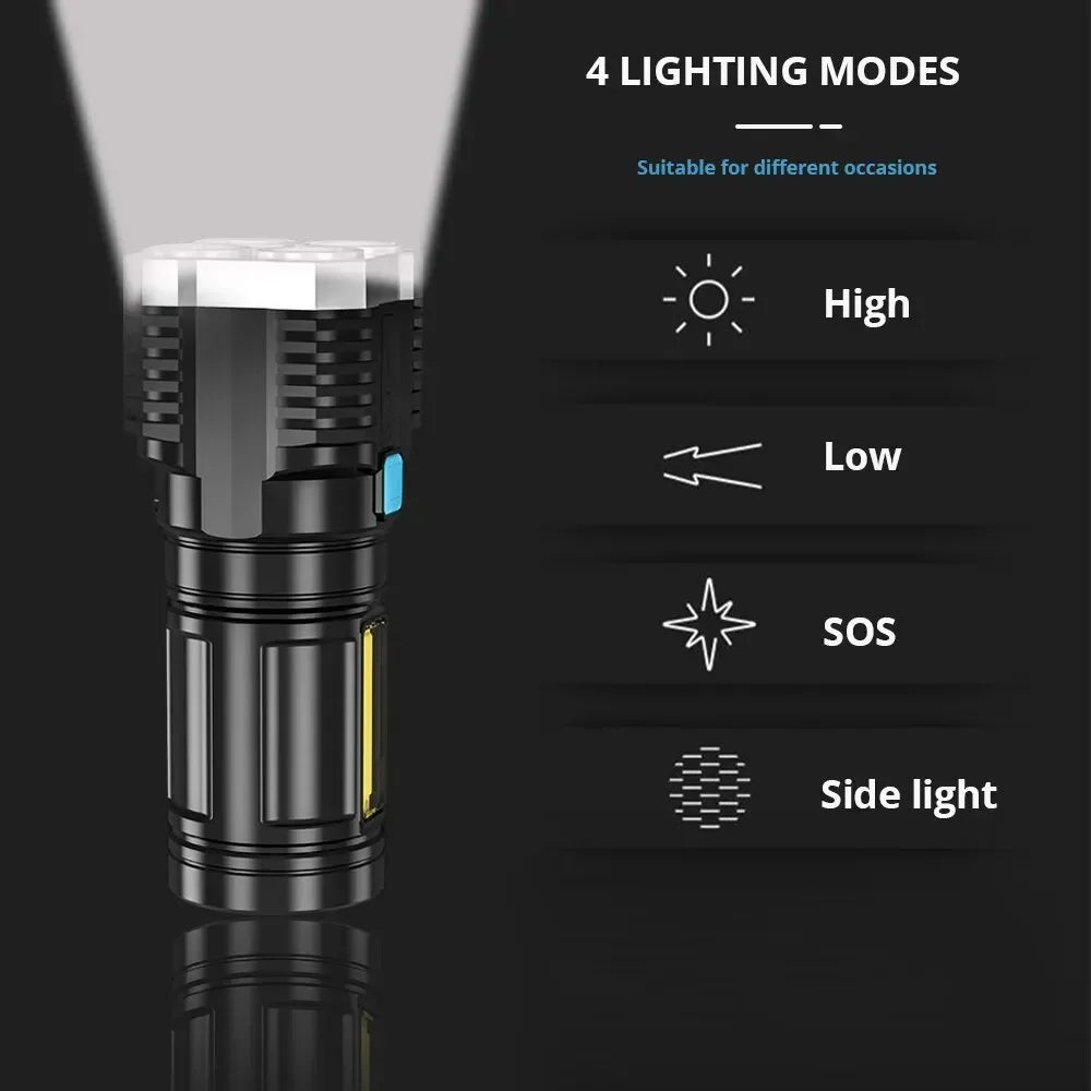 Linterna LED de luz fuerte para acampar, 4 lámparas y luces laterales COB, linterna de mano portátil recargable por USB para exteriores
