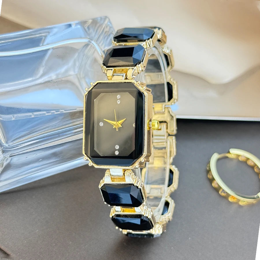 Reloj de mujer de estilo europeo y americano con cadena de diamantes de imitación de sección grande, caja rectangular de color, esfera de diamantes de imitación