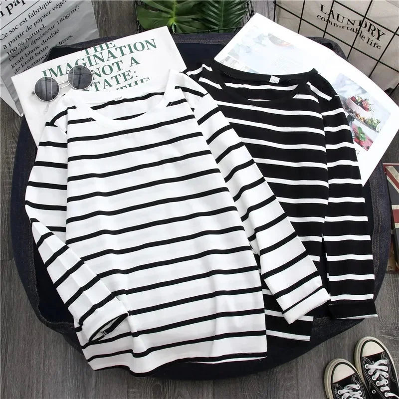 1 pieza primavera y otoño invierno Top a rayas negras con estilo extranjero Ins camisa inferior mujer Camiseta de manga larga