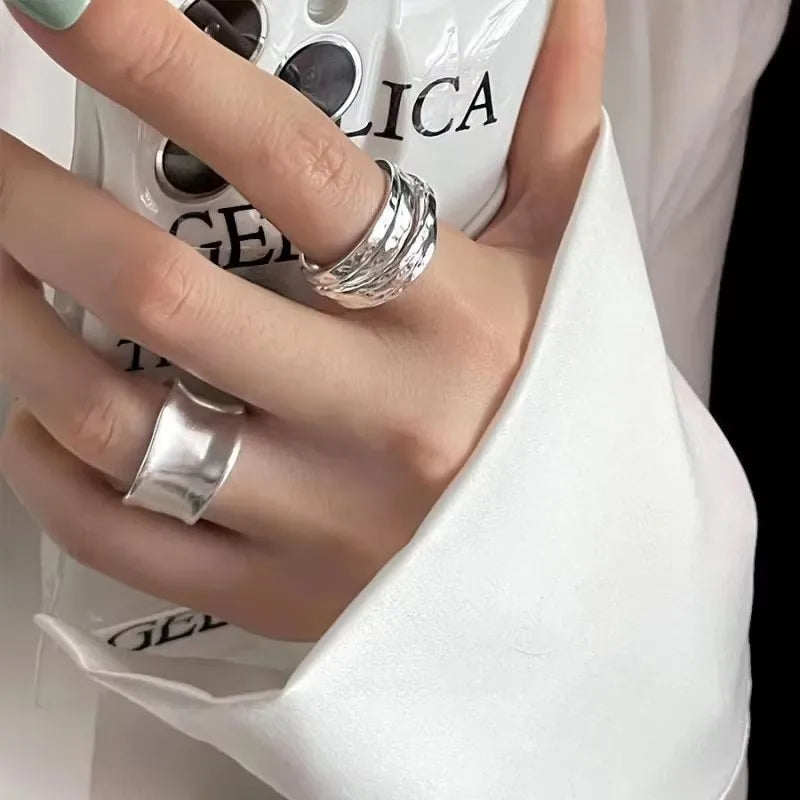 Anillo de Plata de Ley 925 para mujer, joyería ancha, Simple, abierto, Vintage, hecho a mano, seguro para regalo de cumpleaños y fiesta