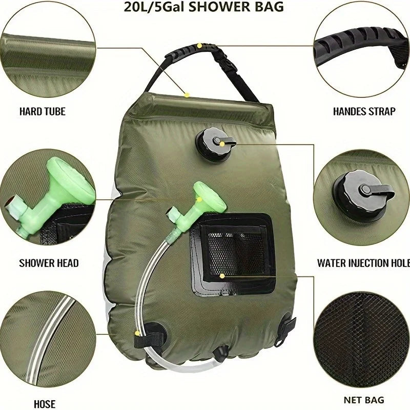Bolsa de ducha para acampar con calefacción solar de 5 galones: bolsa de baño portátil, adecuada para viajes al aire libre, escalar, senderismo, playa y nadar