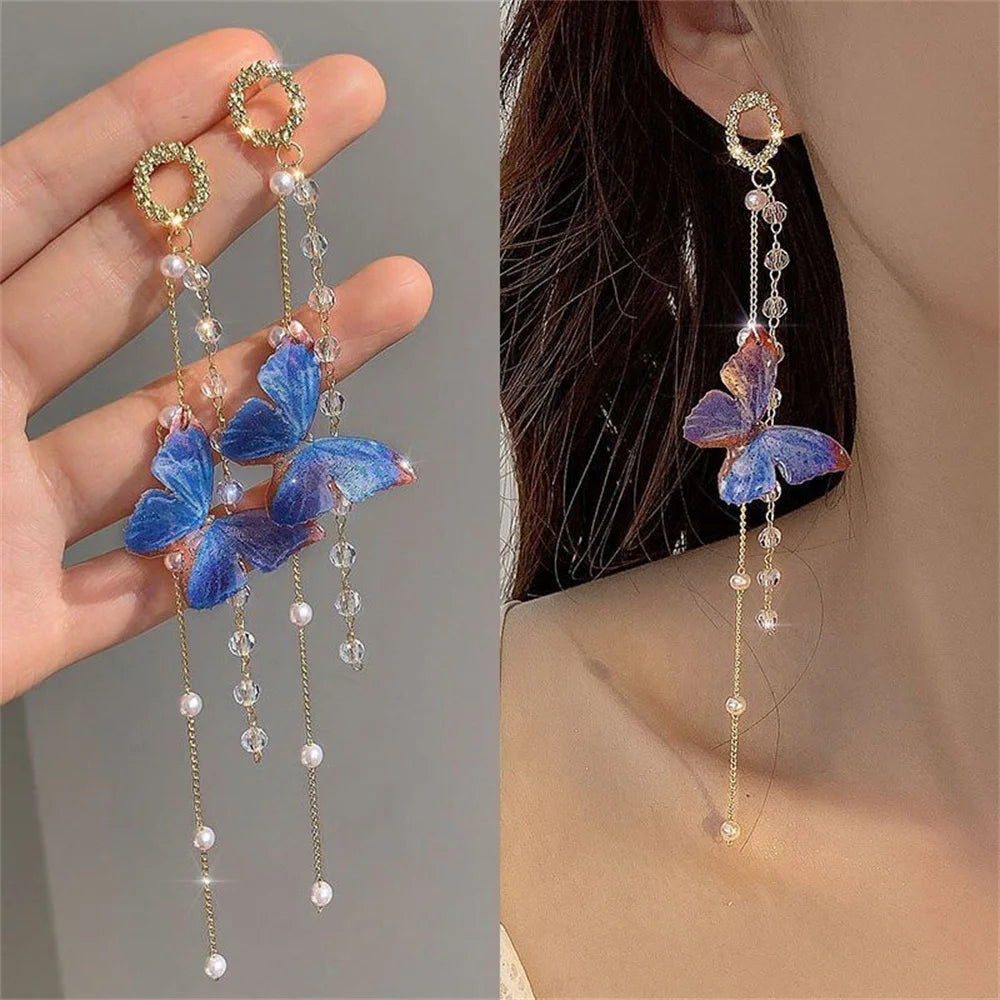 Pendientes de mariposa con borlas largas y perlas de cristal de circón para mujer, joyerÃa colgante de lujo, regalos, nuevo