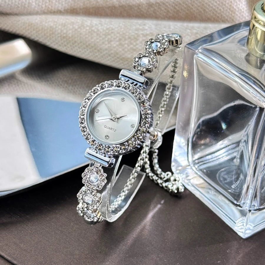 Conjunto de reloj de pulsera de Calcedonia de comercio exterior con luz de diamante, reloj de cuarzo de lujo en vivo, nuevo reloj de mujer con diamantes
