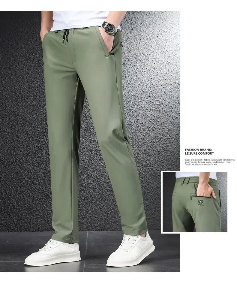 Pantalones informales finos de tela de seda de hielo suave para hombre, pantalón recto de estilo coreano, de alta elasticidad, marca de lujo, verano 2024