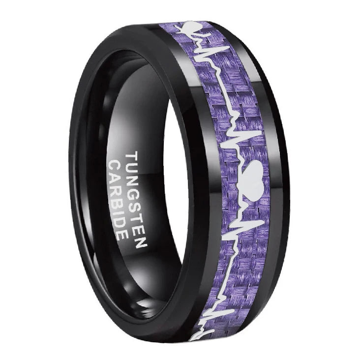 Anillos de compromiso de carburo de tungsteno con incrustaciones de corazón de fibra de carbono negra de 8mm a la moda, alianzas de boda con cúpula, pulido, brillante, ajuste cómodo