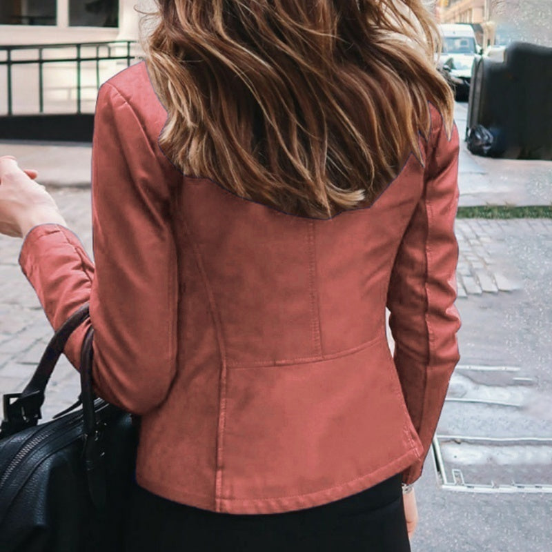 Chaqueta ajustada de piel sintética para mujer, chaqueta clásica de motociclista de PU, abrigo básico con cremallera para primavera y otoño