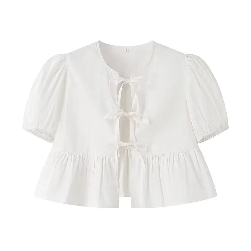 TRAF-Blusas con volantes para mujer, camisas y blusas con mangas abullonadas para mujer, Top corto fruncido blanco y negro, blusa fruncida para mujer 2024