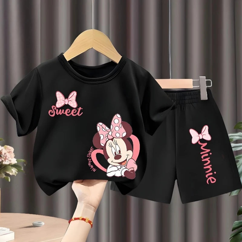 Conjunto de dos piezas de camiseta y pantalones cortos para niños, traje superior de manga corta con cuello redondo para niñas, trajes informales para niños, conjuntos de pantalones cortos transpirables de verano