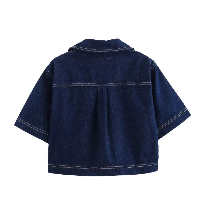 TRAF-Camiseta vaquera azul para mujer, camisa recortada de manga corta, Tops cortos de verano para mujer, ropa de calle Y2k, blusa elegante para mujer