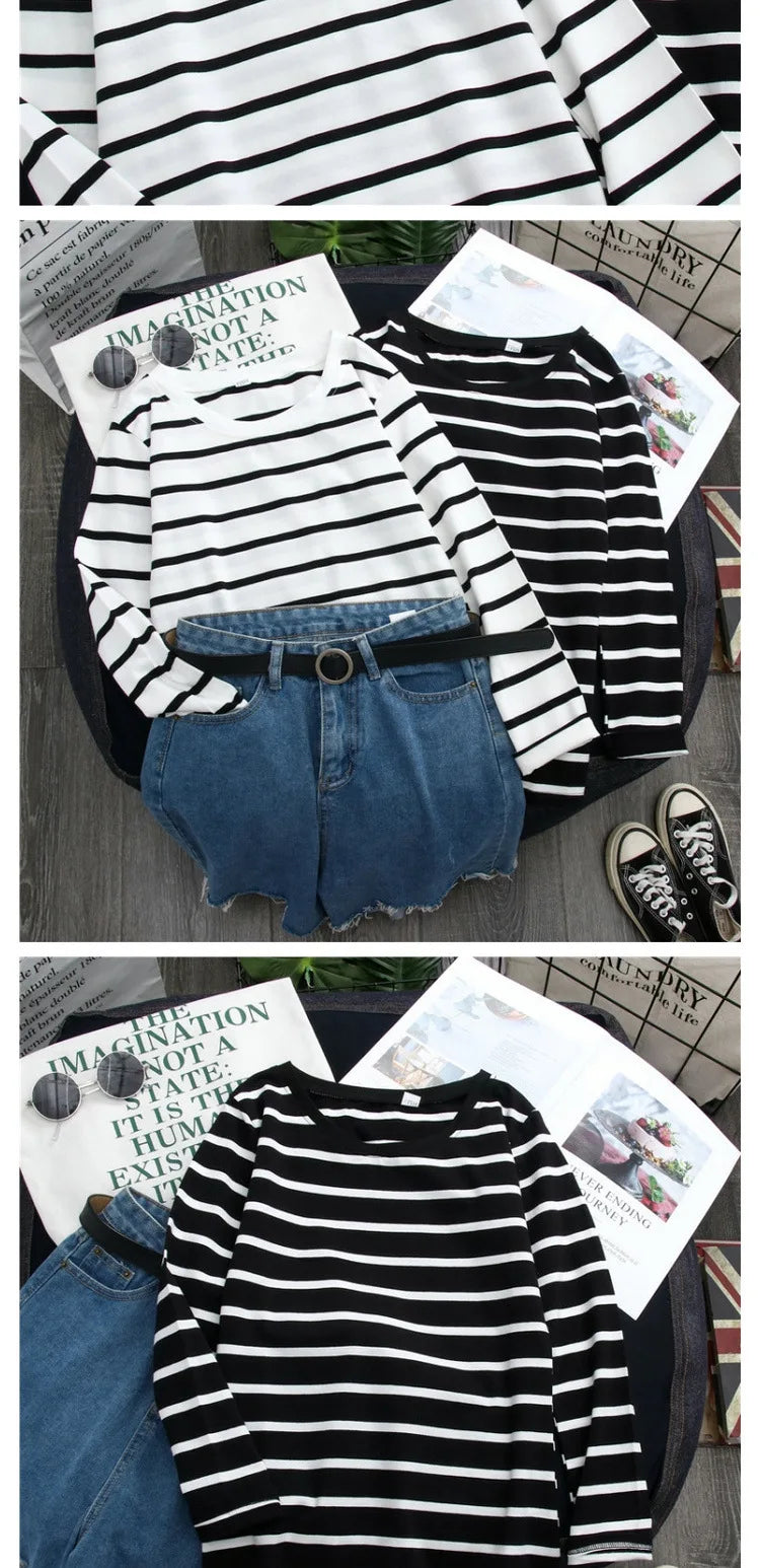 1 pieza primavera y otoño invierno Top a rayas negras con estilo extranjero Ins camisa inferior mujer Camiseta de manga larga