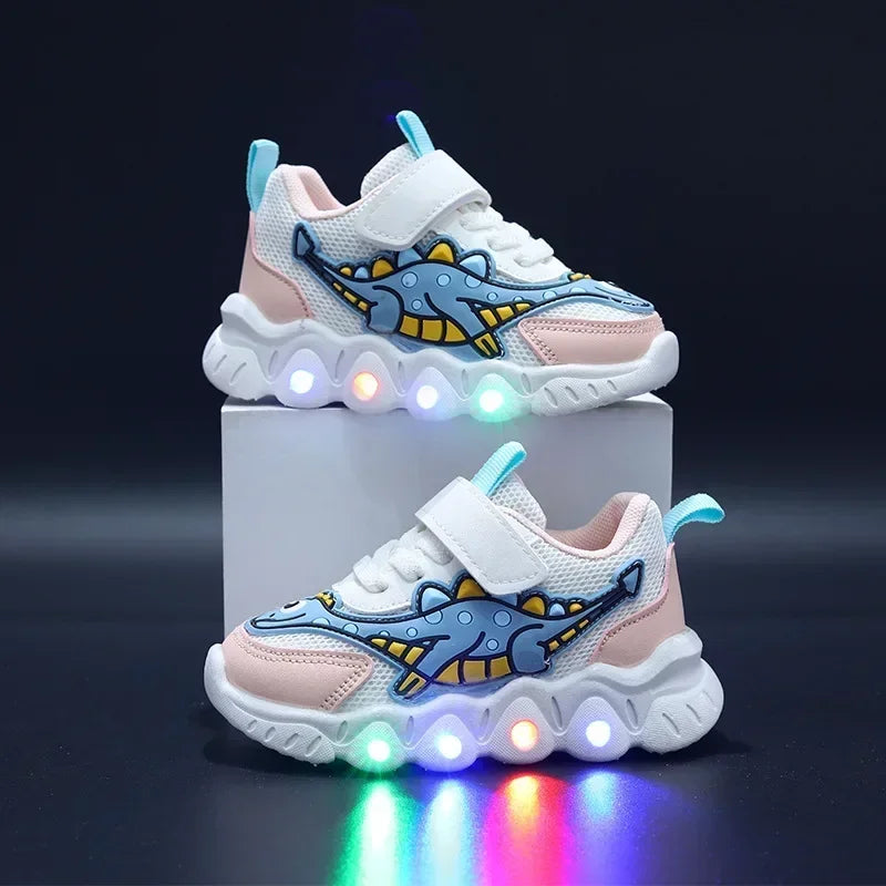 Zapatillas de deporte informales con dibujos animados para niños y niñas, zapatos de iluminación transpirables con malla LED, zapatos iluminados para bebés