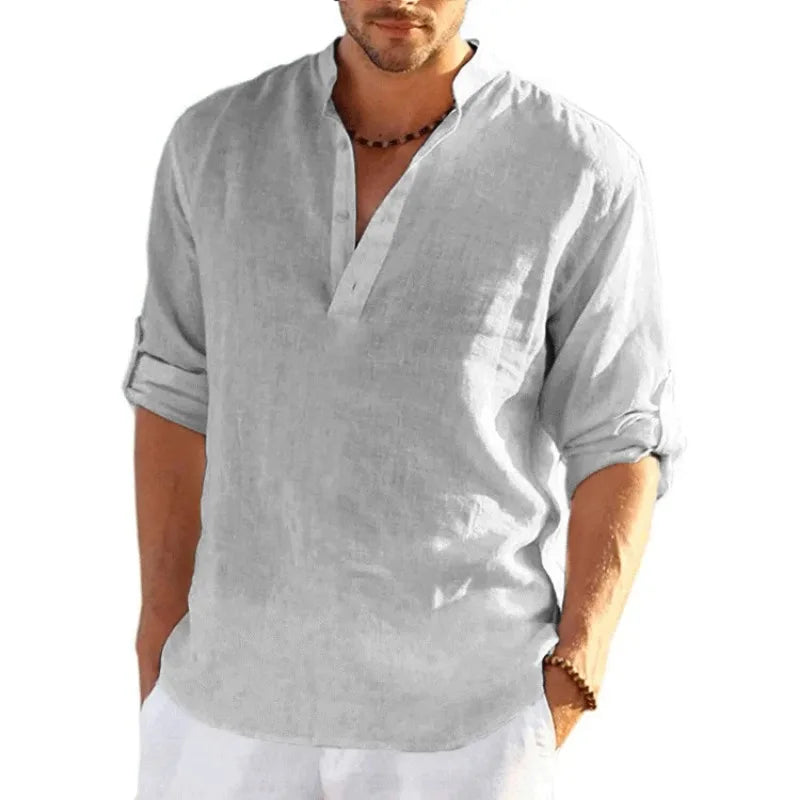 Nueva camiseta de manga larga de lino para hombre, camisa holgada informal transpirable de Color sólido, camisas de algodón para hombre, ropa de calle ligera de diseñador