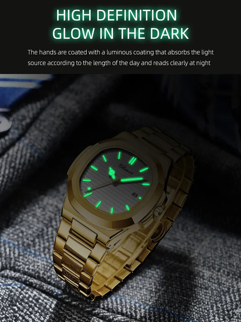 CHENXI 8222 reloj de negocios informal luminoso de acero inoxidable dorado de lujo para hombres relojes de pulsera de cuarzo de moda resistente al agua